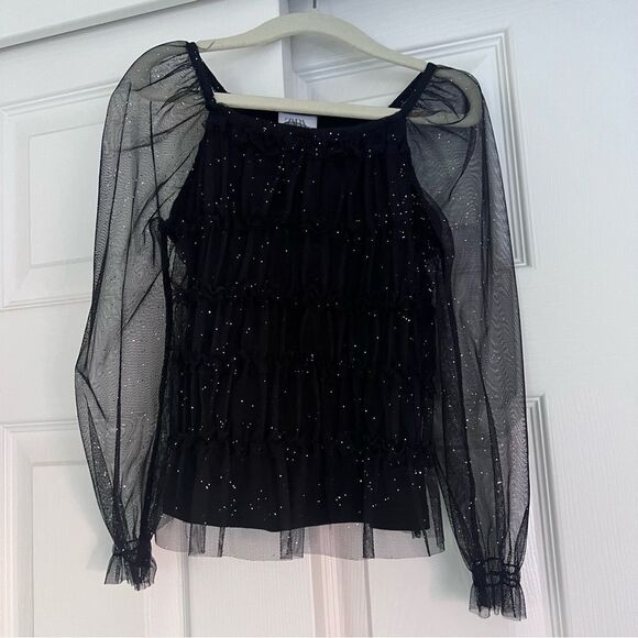 Zara Rhinestone Tulle Black Sheer Top Girls 6-7 Years Old NEW - Picture 2 of 6